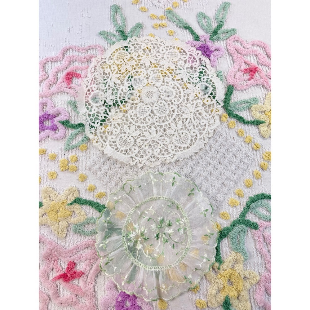Vintage Lace Doily Set Cream Battenberg Lace & Green‎ Embroidered Organza 2pc
